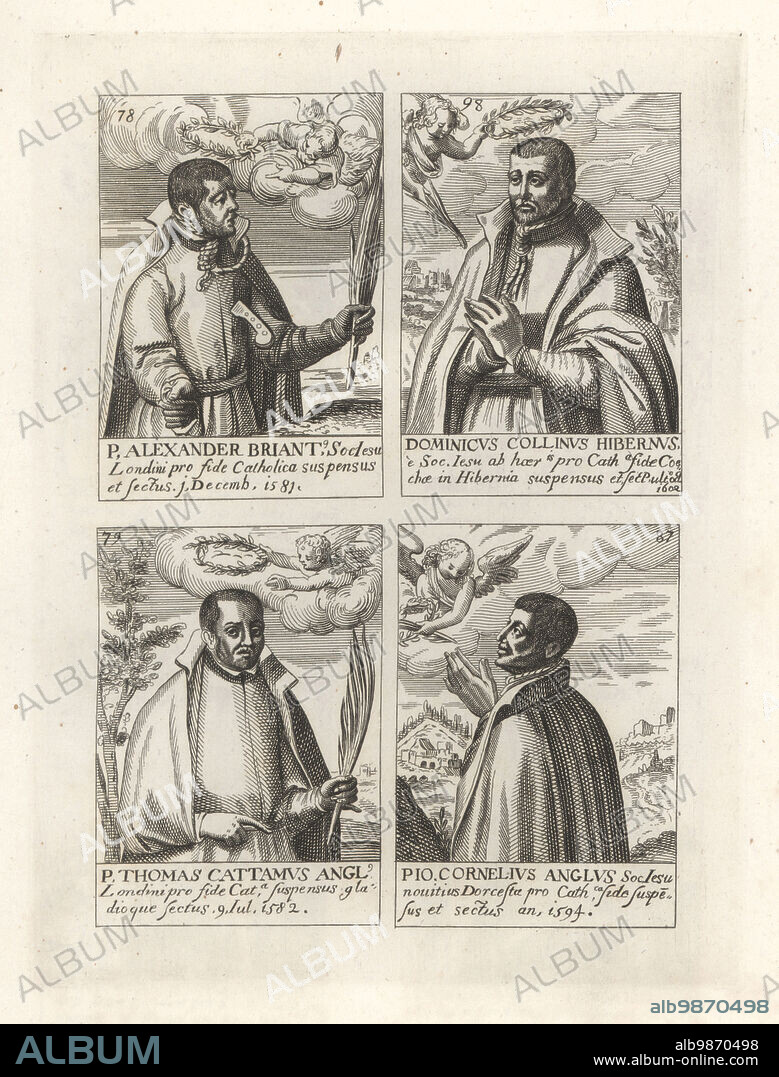Portraits of Jesuit martyrs, English and Scottish Catholics killed in the 16th century. Shown receiving martyr's crowns from angels, three with hangman's noose. Alexander Briant 1581, Dominic Collins 1602, Thomas Cattamus 1582, John Cornelius 1594. Copperplate engraving from Samuel Woodburns Gallery of Rare Portraits Consisting of Original Plates, George Jones, 102 St Martins Lane, London, 1816.