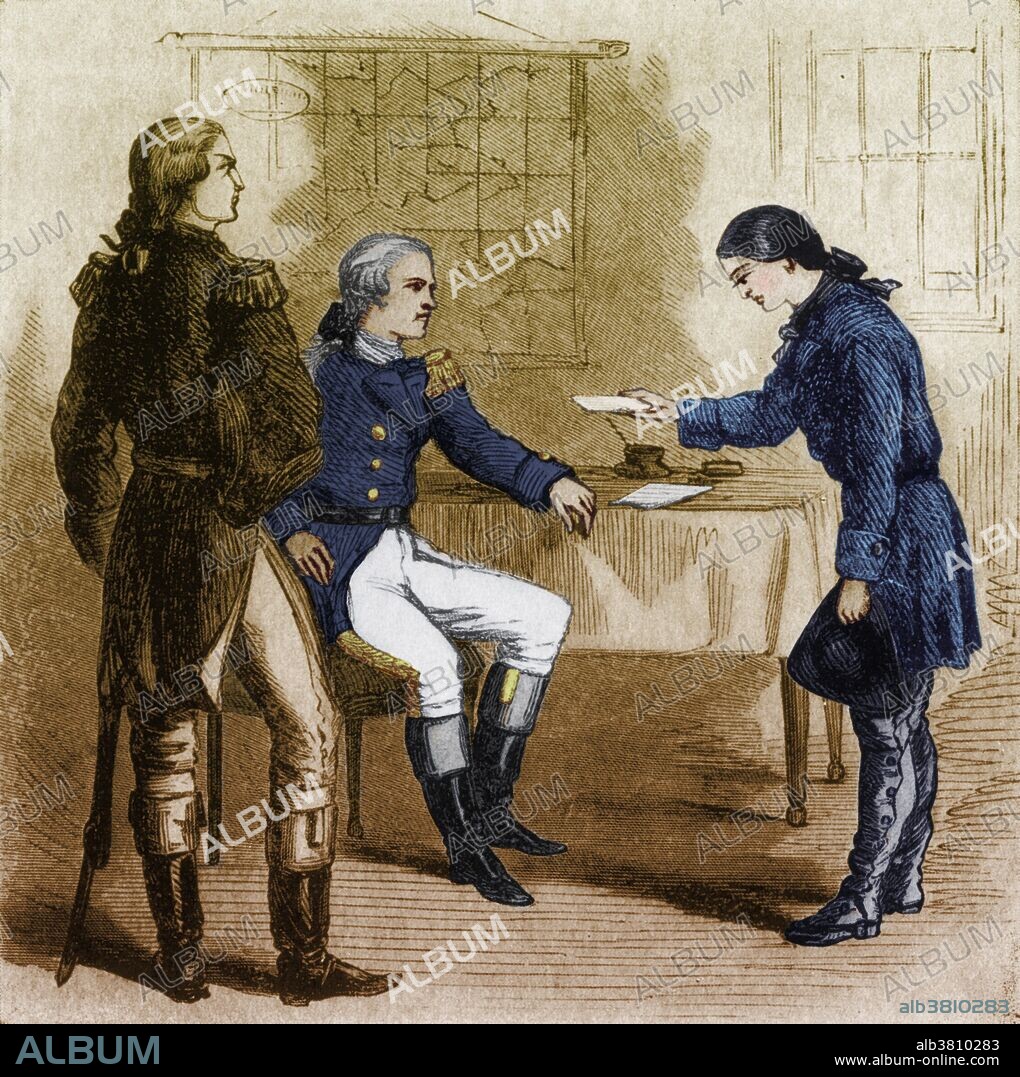 Sampson delivering papers to General George Washington. Deborah Sampson Gannett (December 17, 1760 - April 29, 1827) was a woman who disguised herself as a man in order to serve in the Continental Army during the American Revolutionary War. She served under the name Robert Shirtliff of Uxbridge, Massachusetts. She fought in several skirmishes. During her first battle, on July 3, 1782, outside Tarrytown, she took two musket balls in her thigh and a cut on her forehead. During the summer of 1783, she became ill and was cared for by Doctor Barnabas Binney. He removed her clothes to treat her and discovered the cloth she used to bind her breasts. Without revealing his discovery to army authorities, he took her to his house, where his wife, daughters, and a nurse took care of her. November 3rd was set as the date for soldiers to muster out. When Binney asked Deborah to deliver a note to General Paterson, she correctly assumed that it would reveal her gender. In other cases, women who pretended to be men to serve in the army were reprimanded, but Paterson gave her an honorable discharge, a note with some words of advice, and enough money to travel home. She was discharged at West Point, New York, on October 25, 1783, after a year and a half of service. She died of yellow fever in 1827 at the age of 66.