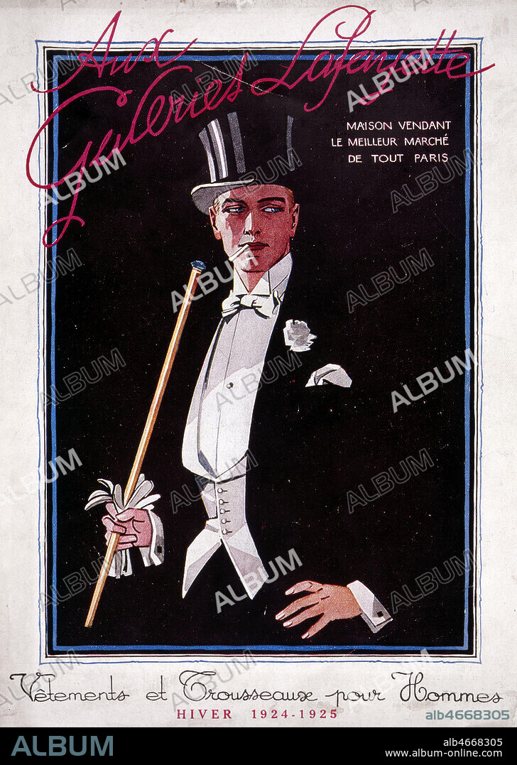 'Aux Galeries Lafayette : vetements et trousseaux pour hommes'. Catalogue hiver 1924-1925 representant un homme en smoking. Credit : Collection KHARBINE-TAPABOR.