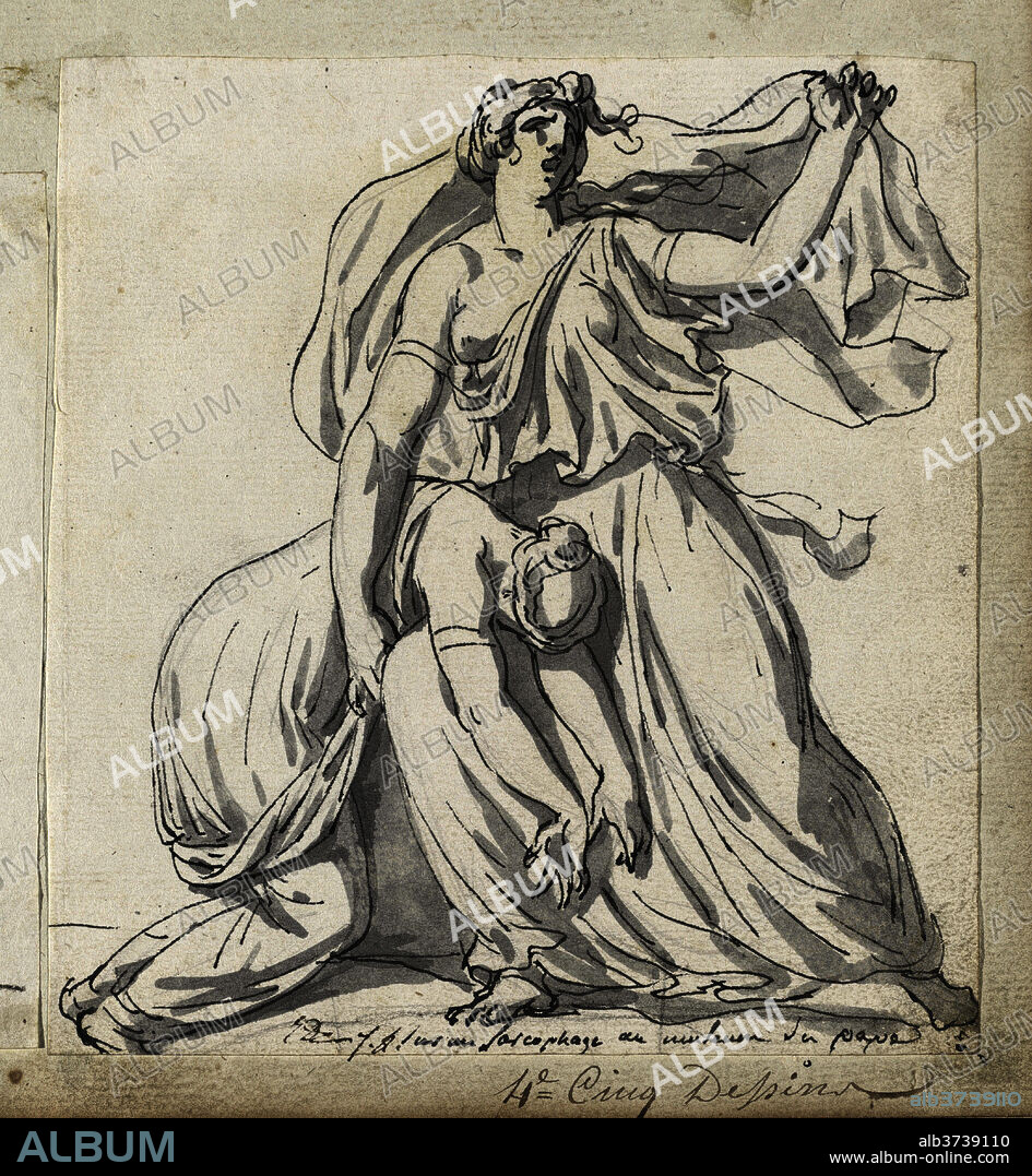 JACQUES LOUIS DAVID. Niobe and Her Daughter. Dated: 1775/80. Dimensions: overall: 15.2 x 14 cm (6 x 5 1/2 in.). Medium: black ink with gray wash over graphite on laid paper.