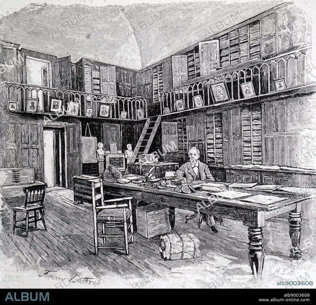 An engraving depicting Asa Gray in the Herbarium, of the Harvard University, Botanic Garden. The Herbarium was based on Gary's coítection of more than 200,000 specimens which he offered to |fe Garden in 1862, on the condition that it, and his library of 2,200 botanical books were housed in a fireproof building. 1886.