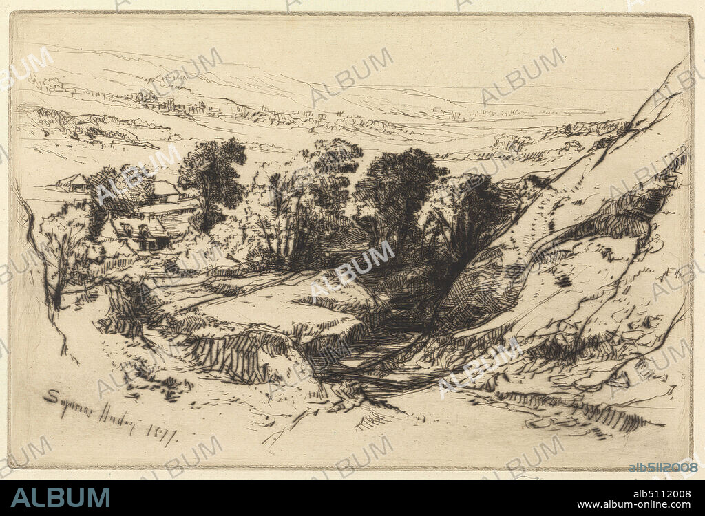 Nine Barrow Down, Francis Seymour Haden, 18181910, British, 1877, Etching and drypoint, with plate tone on medium, slightly textured, cream laid paper, Sheet: 7 3/4 x 10 3/8in. (19.7 x 26.4cm), Plate: 5 7/8 x 8 13/16 inches (15 x 22.4 cm), and Image: 5 7/8 x 8 13/16 inches (15 x 22.4 cm), buildings, cottages, distance, gorge, gully, hills, landscape, moor, river, rocks (landforms), slope, trees, valley, Dorset, England, Europe, United Kingdom.