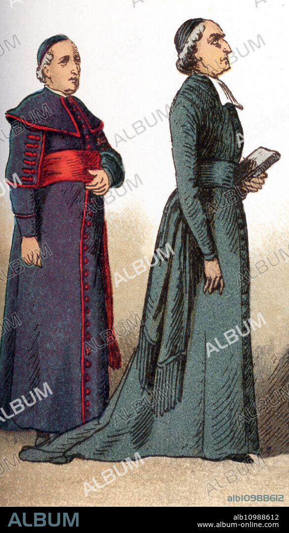 The illustrations shown here depict ecclesiastical costumes. They are, from left to right: a bishop in the Zimarra and a priest in the soutanne. The illustration dates to 1882.