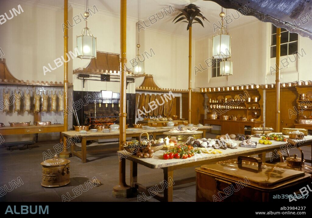 The Great Kitchen, Royal Pavilion, Brighton, East Sussex, 1960s. The Pavilion was originally built in 1786-1787 by Henry Holland for King George IV (1762-1830), then Prince Regent. It was added to by William Porden in 1804-1806 and remodelled by John Nash between 1815 and 1822 in a European interpretation of Indian and Chinese architectural styles.