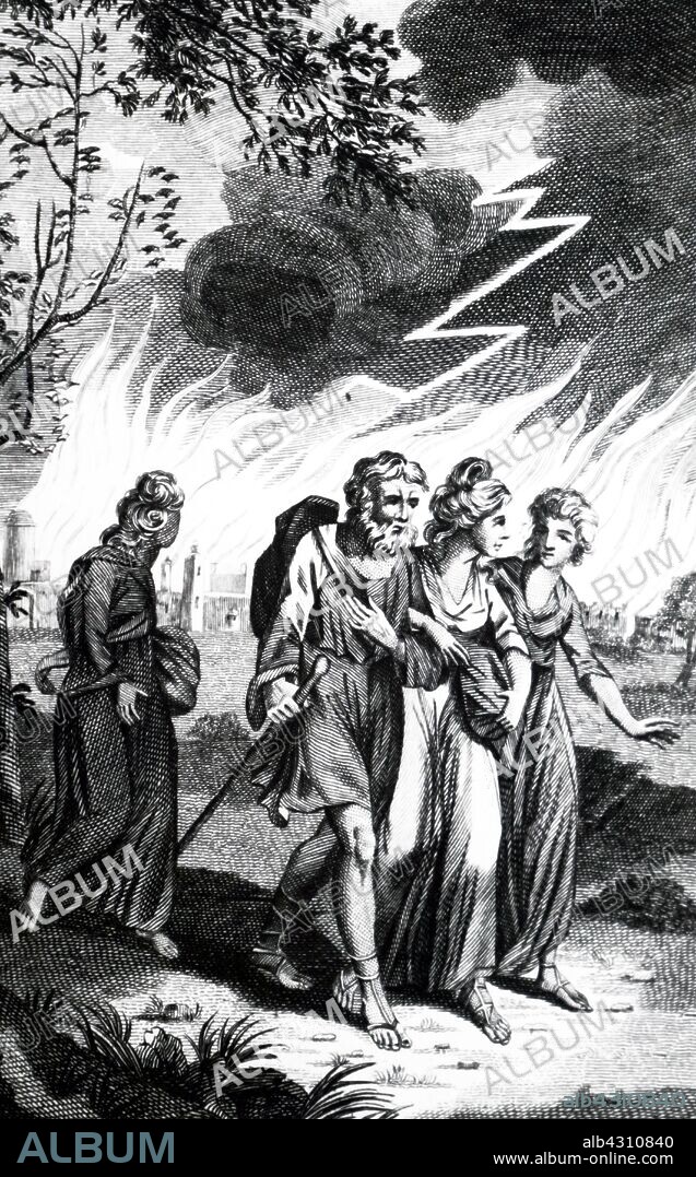 An engraving depicting Lot fleeing from Sodom and Gomorrah when an earthquake circa BC 1900 destroyed them. In the background is Lot's wife turned to a pillar of salt because she looked back. There is evidence of a massive earthquake in the area at this date and might well have arisen from the escape of petroleum gases. Dated 19th century.