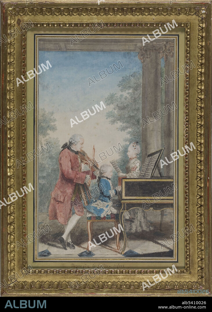Mozart family on tour: Leopold, Wolfgang, and Nannerl (Maria Anna). Wolfgang Amadeus Mozart (January 27, 1756 - December 5, 1791) was a child prodigy and Austrian composer of the Classical era. He composed over 600 works, many acknowledged as pinnacles of symphonic, concertante, chamber, operatic, and choral music. Watercolor by Carmontelle, 1777.