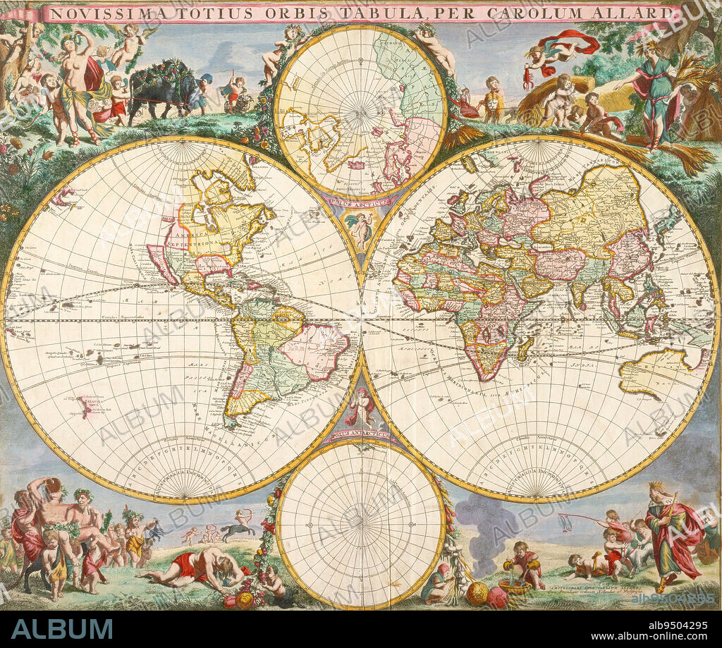 Map of the World, c. 1710, Karel Allard; Artist: after Jacob De Wit, Dutch, 1648 - 1706, 19 7/8 x 23 1/4 in. (50.55 x 59.06 cm) (plate), Engraving, contempory color, Netherlands, 18th century.