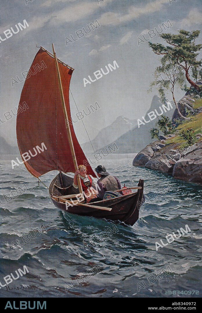 Frhliche Segeltour, ein junges Paar segelt in einem kleinen Segelboot an der Kºste entlang / Happy sailing trip, young couple sailing along the coast in small sailboat, Historisch, historical, digital improved reproduction of an original from the 19th century / digital restaurierte Reproduktion einer Originalvorlage aus dem 19. Jahrhundert, genaues Originaldatum nicht bekannt,.