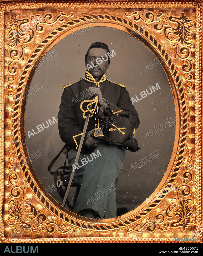 Union Cavalry Officer Displaying Sword, Holding Hat, Seated in Studio, 1861-65.