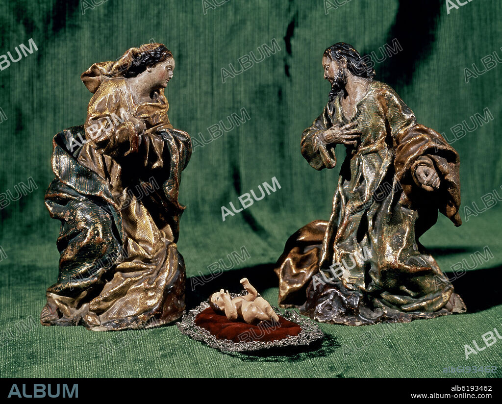 FRANCISCO SALZILLO. SAN JOSE, LA VIRGEN MARIA Y EL NIÑO JESUS - FIGURAS DEL BELEN - SIGLO XVIII - BARROCO ESPAÑOL.