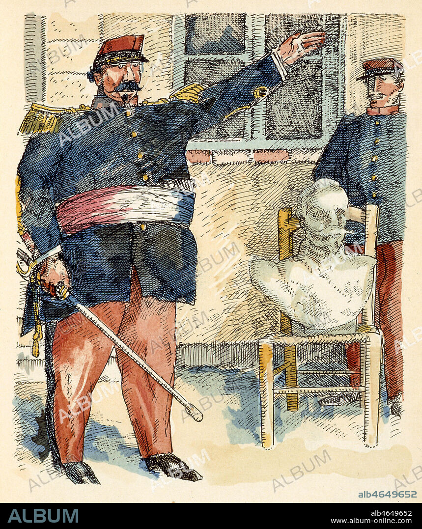 JEAN-EMILE LABOUREUR. Soldat levant le bras devant le buste de NAPOLEON III. Illustration de 1935 par Jean Emile LABOUREUR (1877-1943) pour Un coup d'etat par Guy de MAUPASSANT (1850-1893). Credit : Collection KHARBINE-TAPABOR.