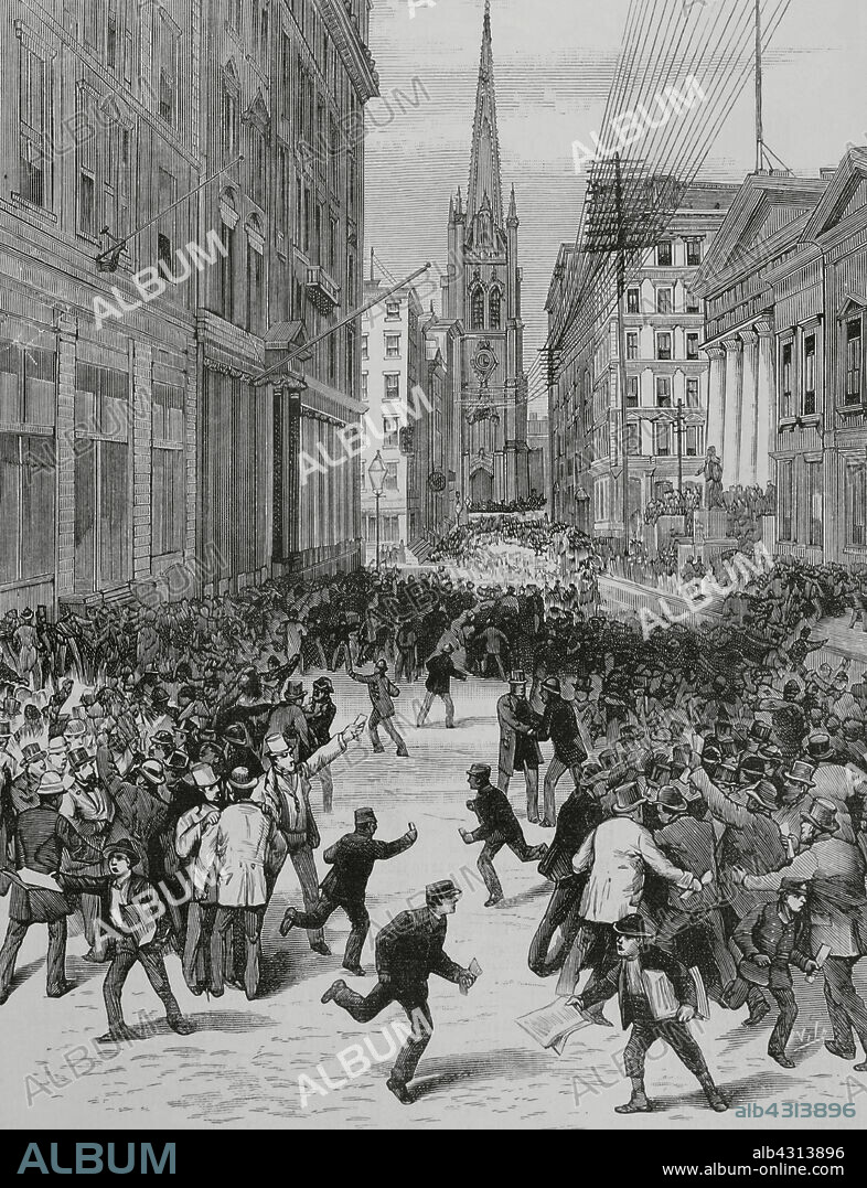 EUGENIO VELA (D. 1895). SPANISH ENGRAVER.. Estados Unidos. Nueva York. Pánico de 1884. Crisis económica durante la Depresión de 1882-1885. Aspecto de Wall Street en los momentos álgidos del pánico, durante la tarde del 14 de mayo de 1884. Perspectiva tomada desde el lado opuesto a la iglesia de la Trinidad. Grabado por Vela. La Ilustración Española y Americana, 8 de junio de 1884.