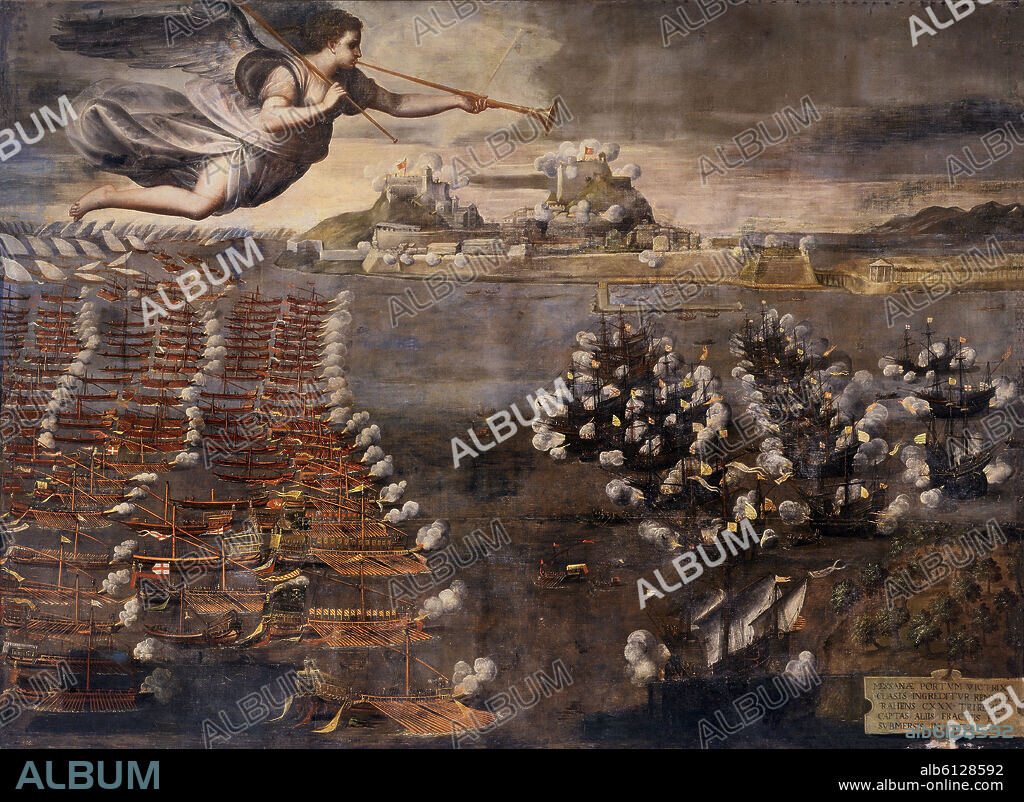 LUCA CAMBIASO (1527-1585). BATALLA DE LEPANTO - 7/10/1571 - ESCUADRAS CRISTIANAS Y TURCAS - PINTURA RENACENTISTA ITALIANA.
