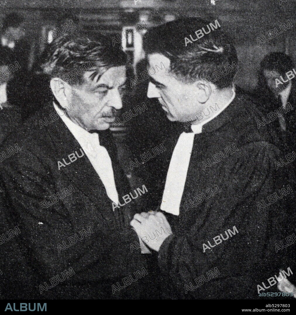 Black and white photograph of Pierre Level (1883-1945), former leader of the Vichy Government, during his trial for treason in October 1945.