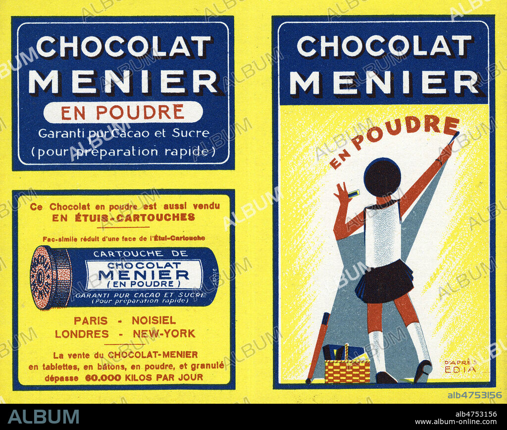 Publicite pour le chocolat MENIER en poudre, vers 1920. Illustration d'apres EDIA. Credit : Collection IM/KHARBINE-TAPABOR.