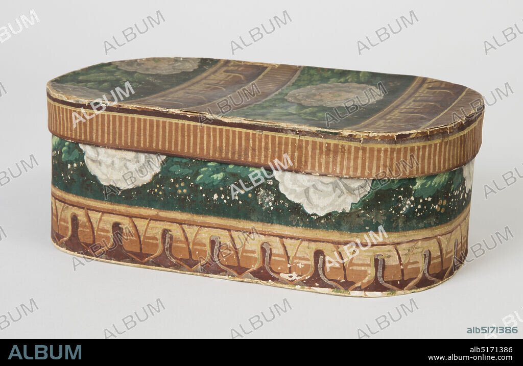 Bandbox, John Perkins, Block-printed paper, pasteboard support, Small pasteboard bandbox covered with wallpaper border pattern, pieced so one horizontal border band encircles bottom and a narrow edging strip covers rim of lid. Stylized architectural leaf band in browns and yellows, and band of stripings. Principal banding: on dark green background, green leaves and white camellias with pink and yellow centers, in continuous band. Strip of unfaded color under lid. Remnants of a different floral sidewall paper with a yellow ground around edge on box bottom., New Bedford, Massachusetts, USA, ca. 1835, Wallcoverings, Bandbox.