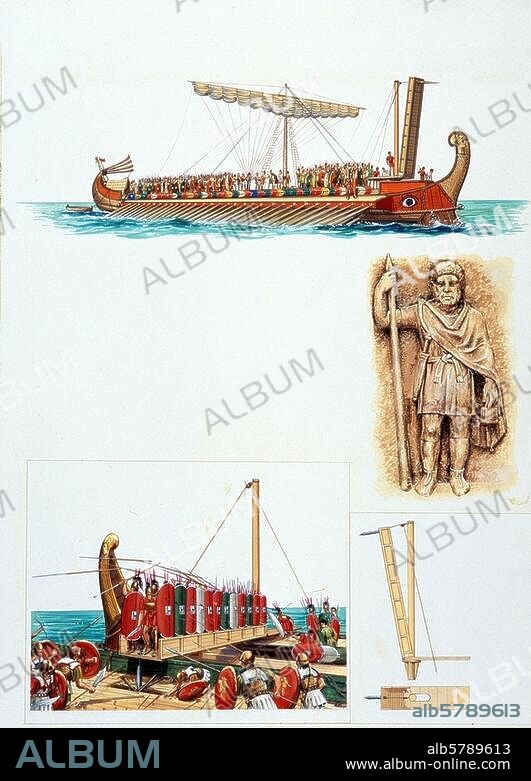 Geschichte: Antike / römisches Militär/. Marine. Rekonstruktionen: Oben: Quinquereme aus dem 3. Jh. v. Chr.; unten: Einsatz und Konstruktion eines corvus (Enterbrücke) und römischer Seesoldat der kaiserlichen Flotte aus Misenum. Aquarelle von Peter Connolly. (1935-2012).