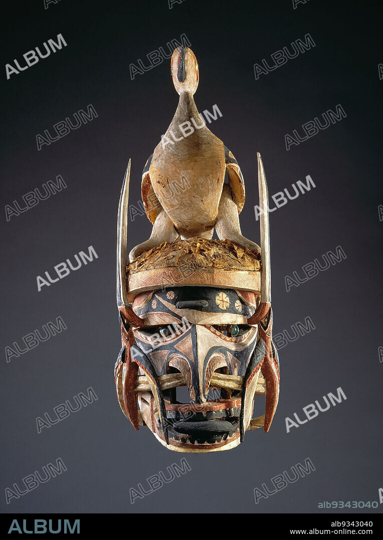 Malagan Mask With Bird on Head, northern New Ireland, northern New Ireland, late 19th to early 20th century, Wood, indigenous paints, red ochre, bark cloth, coconut and other fibers, rattan, and shell, New Ireland province, Melanesia, Papua New Guinea, Oceania, Costume & clothing, sculpture, 27 9/16 x 9 7/16 x 13 in. (70 x 24 x 33 cm).