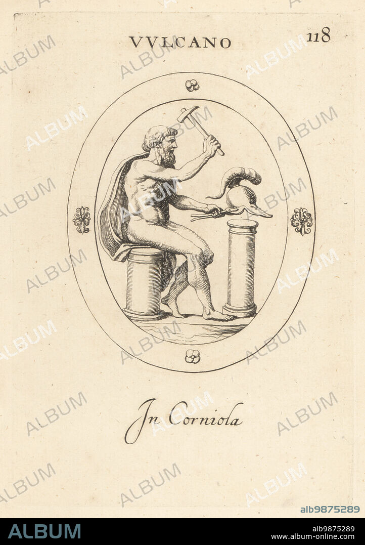 Vulcan, Roman god of fire, volcanoes and metalwork, creating a crested helmet for Achilles or Aeneas with hammer and tongs.. In carnelian. Vulcano. In corniola. Copperplate engraving by Giovanni Battista Galestruzzi after Leonardo Agostini from Gemmae et Sculpturae Antiquae Depicti ab Leonardo Augustino Senesi, Abraham Blooteling, Amsterdam, 1685.