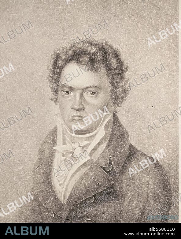 Beethoven, Ludwig van, 1770-1827, German composer. Portrait. Stipple engraving, c.1820 (Braunschweig, Oehme and Müller Publishers), after a drawing, 1815, by Louis Letronne (1790-1842).