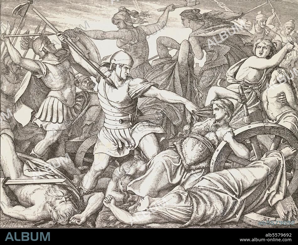 Einfall der Kimbern in Italien /. Schlacht zwischen Kimbern und den Römern unter Marius in der Raudischen Ebene bei Vercellae (Vercelli) am 30. Juli 101 v. Chr. "Die cimbrischen Frauen nach der Schlacht bei Vercelli". Holzstich, um 1860, nach Zeichnung von Adolf Erhardt (1813-1899). Berlin, Sammlung Archiv für Kunst und Geschichte.