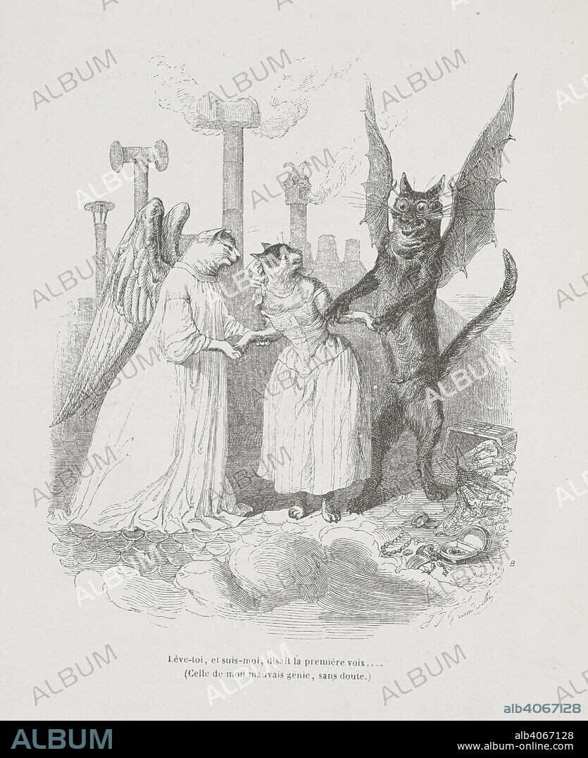 HONORÃ© DE BALZAC and GRANDVILLE. Leve-toi, et suis-moi, disait la premiere voix ... (Celle de mon mauvais genie, sans doute.) Anthropomorphic image of cats. Peines de cÅ“ur d'une chatte anglaise.-Guide-aÌ‚ne aÌ€ l'usage des animaux qui veulent parvenir aux honneurs.-Voyage d'un lion d'Afrique aÌ€ Paris.-Les Amours de deux beÌ‚tes. In: Stahl (P. J.) pseud. SceÌ€nes de la vie priveÌe des animaux ... EÌtudes de mÅ“urs contemporaines publieÌes sous la direction de M. P. J. Stahl, avec la collaboration de Messieurs de Balzac, L. Baude, etc. 1842. 1842. Source: 1457.k.1. plate opposite page 175.
