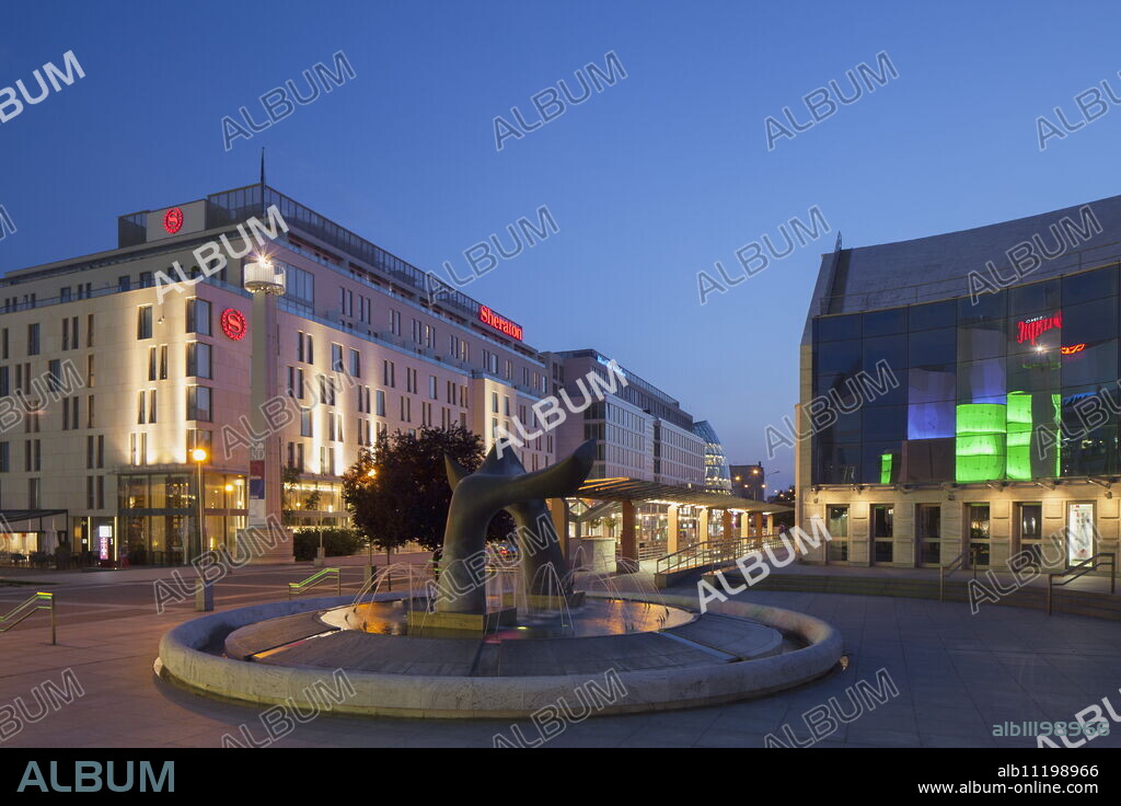 Slovak National Theatre and Sheraton Hotel at dusk, Bratislava, Slovakia, Europe.