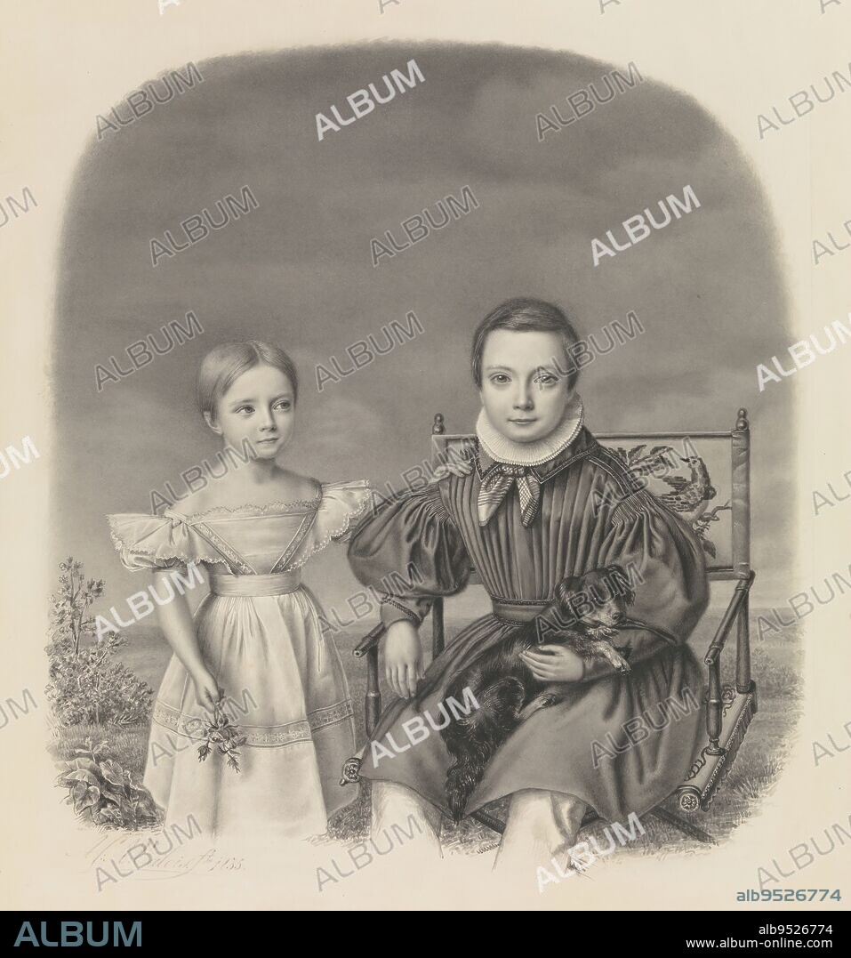 Portrait of William Anne baron of Constant Rebecque de Villars and his sister Clara Margaretha Francesca of Constant Rebecque de Villars, The boy is sitting on a chair with a little dog on his lap. Next to him is his sister. A flat landscape as background., print maker: Alexander Cesar August Valois, (mentioned on object), 1835, paper, pencil, height 371 mm × width 338 mm.