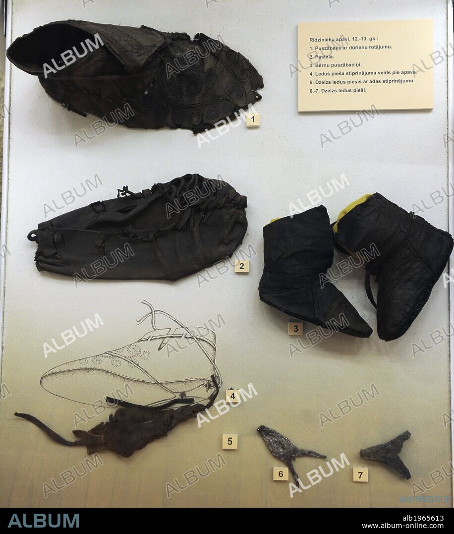 Middle Ages. Baltic area. Latvia. Footwear. Riga. 12th-13th century. Booties, baby shoes, spurs for ice. Museum of History and Navigation. Riga. Latvia.