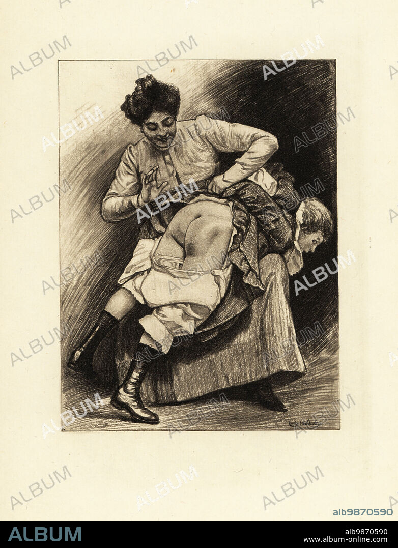 Edwardian woman tutor spanking a naughty girl's naked buttocks. The girl has her petticoat pulled up and her bloomers down. Photogravure after an illustration by Louis Malteste from Jacques dIcys Qui Aime Bien ou la flagellation dans la vie moderne, Jean Fort, Paris, 1912.