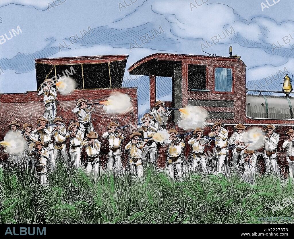 Cuban War of Independence (1895-1898). Three liberation wars that Cuba fought against Spain. The final three months of the complict escalated to become the Spanish-American War. Defending a train attacked by rebels.1898. Engraving. Colored.