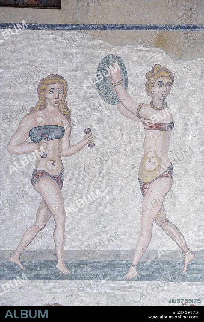 Mosaic of girls in bikinis, Villa Romana del Casale, Piazza Armerina, UNESCO World Heritage Site, Sicily, Italy, Europe.