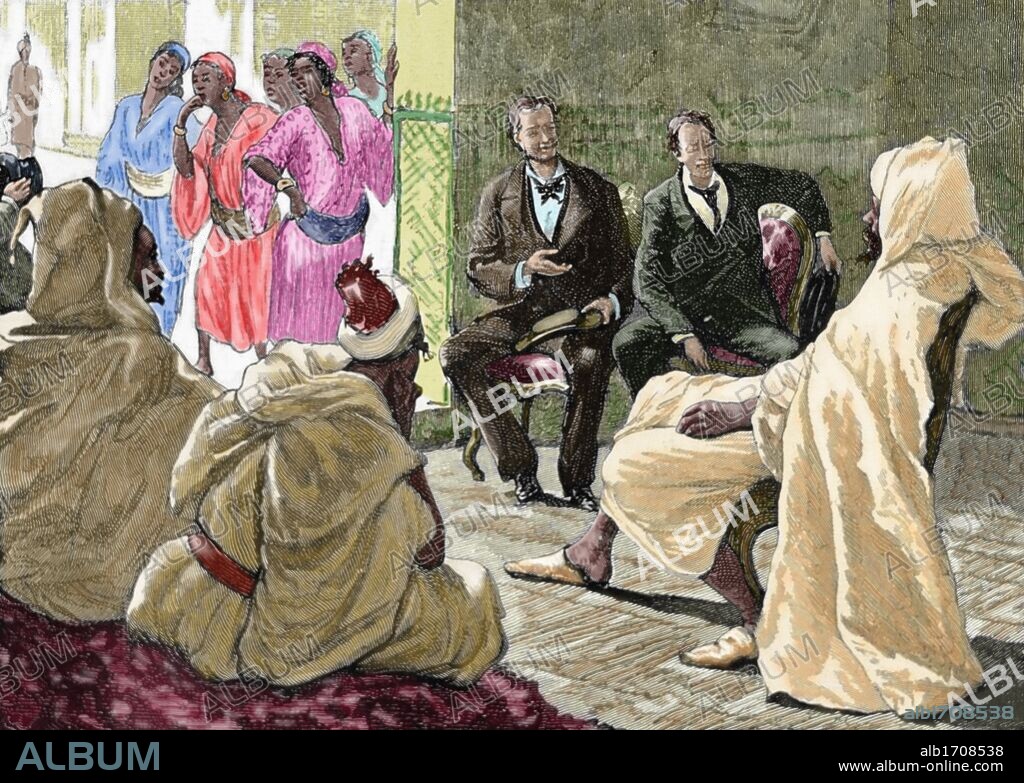 COLONIALISMO. HISTORIA DE MARRUECOS. Recepción del gran visir a un comité diplomático francés. Grabado de Barberis ("El Mundo Ilustrado"), principios del s. XX. Coloreado.
