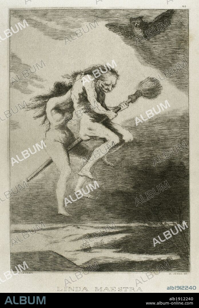 ARTE S. XVIII. ESPAÑA. GOYA, Francisco (Fuendetodos, 1746-Burdeos, 1828). Pintor y grabador español. "LINDA MAESTRA". Aguafuerte que perteneece a la colección de 84 grabados titulada "CAPRICHOS" de temática satírico-fantasmagórica, editados en el año 1799. Reproducción de M. Seguí i Riera.