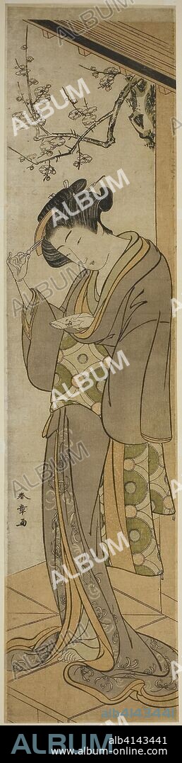 Woman on a Verandah About to Open a Letter. Katsukawa Shunsho ?? ??; Japanese, 1726-1792. Date: 1773-1779. Dimensions: 69 x 16.7 cm (27 x 6 1/2 in.). Color woodblock print; wide hashira-e. Origin: Japan.