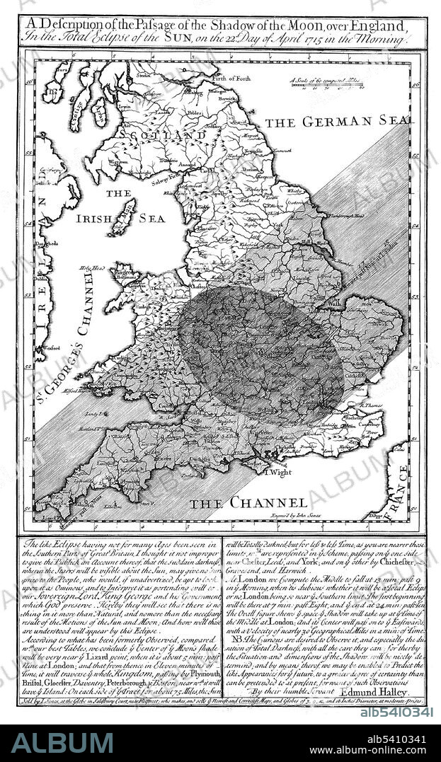 A total solar eclipse occurred on May 3, 1715. A solar eclipse occurs when the Moon passes between Earth and the Sun, thereby totally or partly obscuring the image of the Sun for a viewer on Earth. The 1715 total eclipse was visible across England and Wales, northern Europe, and northern Asia. The 1715 eclipse is known as Halley's Eclipse, after Edmond Halley who predicted this eclipse to within 4 minutes accuracy. Halley observed the eclipse from London where the city of London enjoyed 3 minutes 33 seconds of totality. He also drew a predictive map showing the path of totality across England. The original map was about 20 miles off the observed eclipse path, mainly due to his use of inaccurate lunar ephemeris.