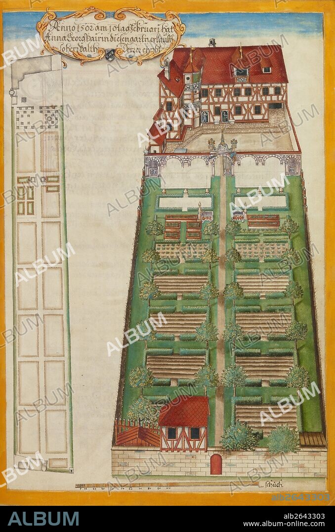 The Nuremberg Residence and Garden of Magdalene Pairin; Georg Strauch, German, 1613 - 1675; Nuremberg, Germany, Europe; about 1626 - 1711; Tempera colors with gold and silver highlights on parchment; Leaf: 37.6 x 26 cm (14 13/16 x 10 1/4 in.).