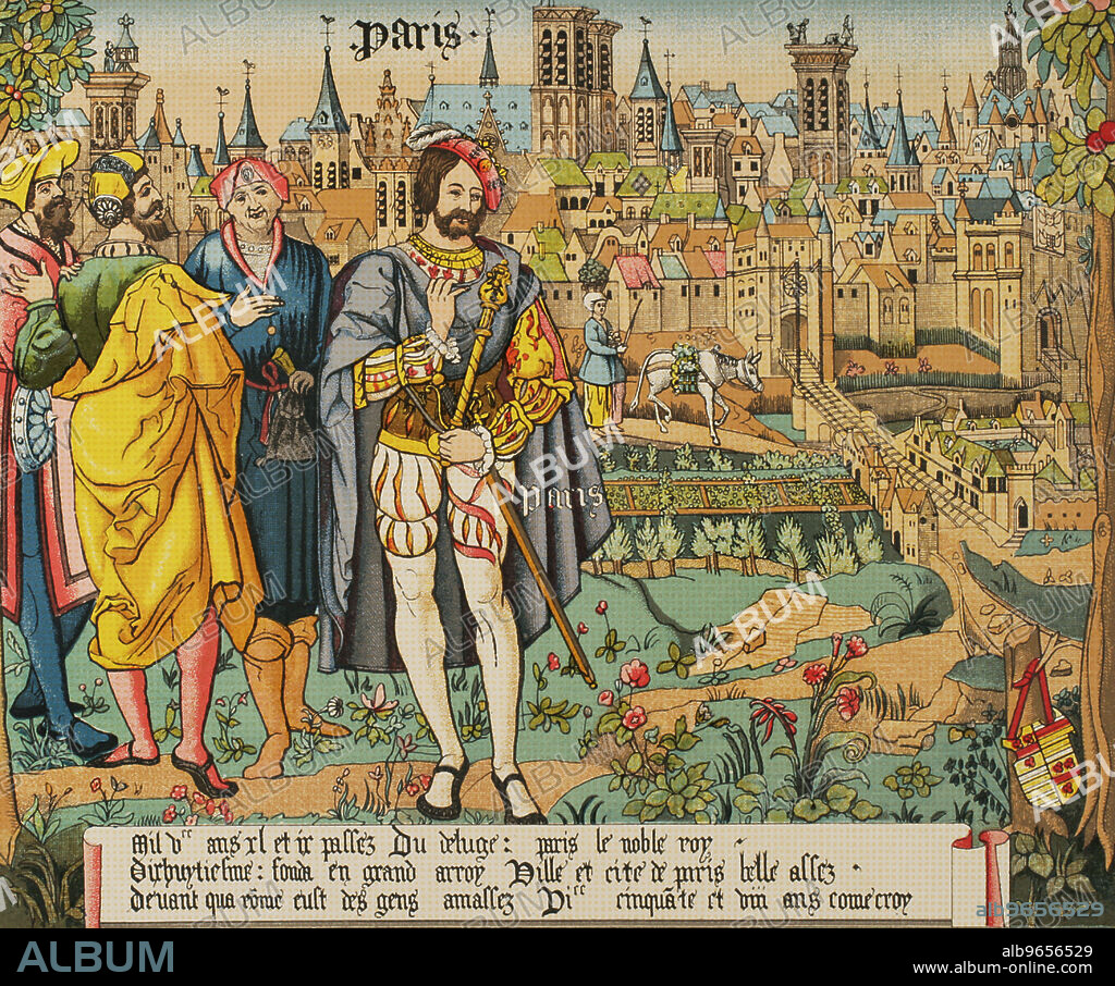 FRANZ KELLERHOVEN (1814-1872). GERMAN LITHOGRAPHER.. Francia. París. Representación de la ciudad en el siglo XV. Cromolitografía de Franz Kellerhoven a partir de un tapiz de Beauvais. "Les Arts au Moyen Age et a l'Epoque de la Renaissance", por Paul Lacroix. París, 1877.