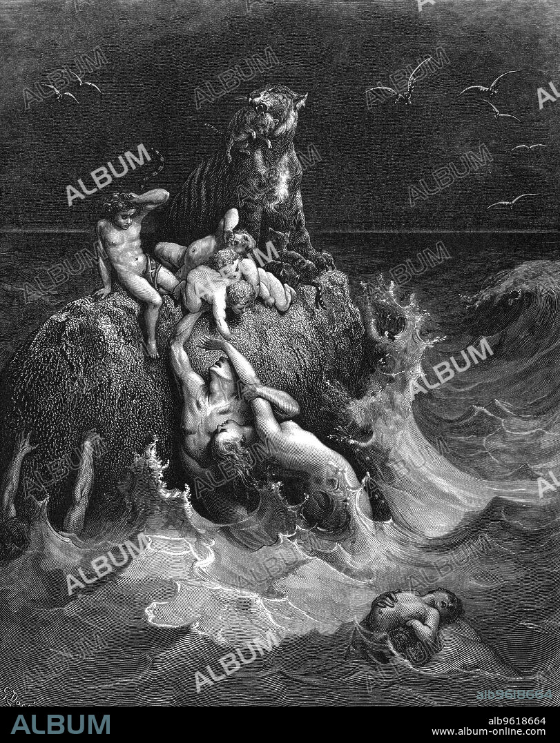 GUSTAVE DORé. 'The Deluge', 1866. The last frantic attempts to cling to life. And all flesh died that moved upon the earth.... From the Bible (Genesis 7.22).
