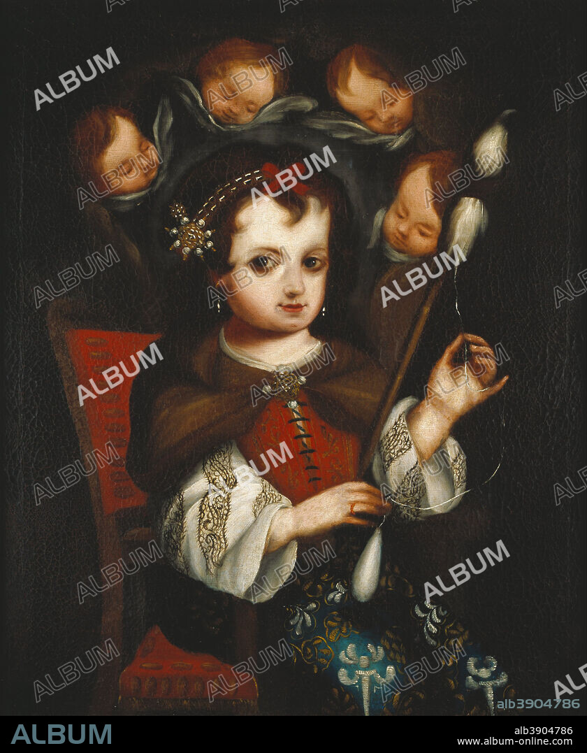 PERU. Virgin Mary Spinning. Date/Period: Ca. 1700. Painting. Oil on canvas. Height: 635 mm (25 in); Width: 533.40 mm (21 in).