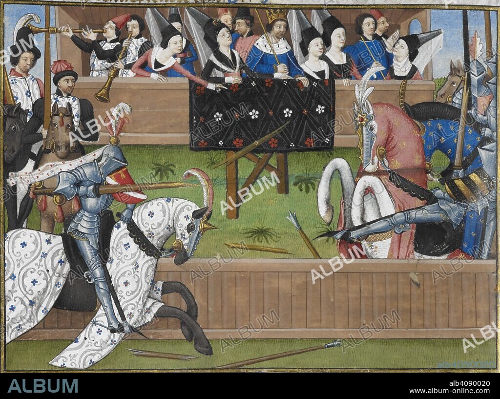 ANTOINE DE LA SALE ALSO KNOWN AS SALLE. (Miniature). Knights jousting at a medieval tournament. One lance is broken. The Romance of Jean de SaintrÃ©. France; circa 1470. Source: Cotton Nero D. IX f.32v.