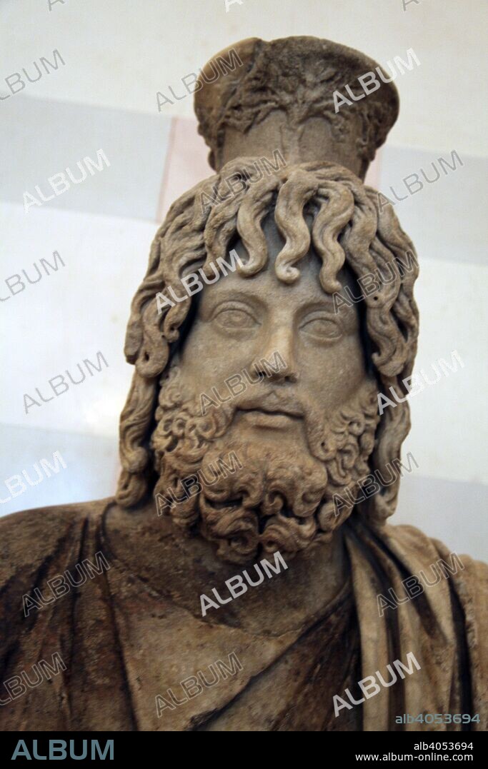 Statue of Serapis, Greco- Egyptian God of the Underworld. Roman, after a Greek original of the early 3rd century BC. The worship of the cult of Serapis developed in Egypt during the Ptolemaic period. Found in the collection of The Hermitage, St Petersburg.