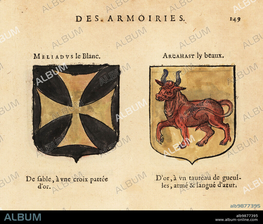 Imaginary coats of arms of Sixth and Seventh Chapters of King Arthurs Knights of the Round Table: Meliadus the White Knight, gold cross on black field, and Argahast the Bold Britaigne, with red bull on gold field. Chevaliers de la table ronde: Meliadus le Blanc, Argahast ly beaux. Handcoloured woodblock engraving from Hierosme de Baras Le Blason des Armoiries, Chez Rolet Boutonne, Paris, 1628.