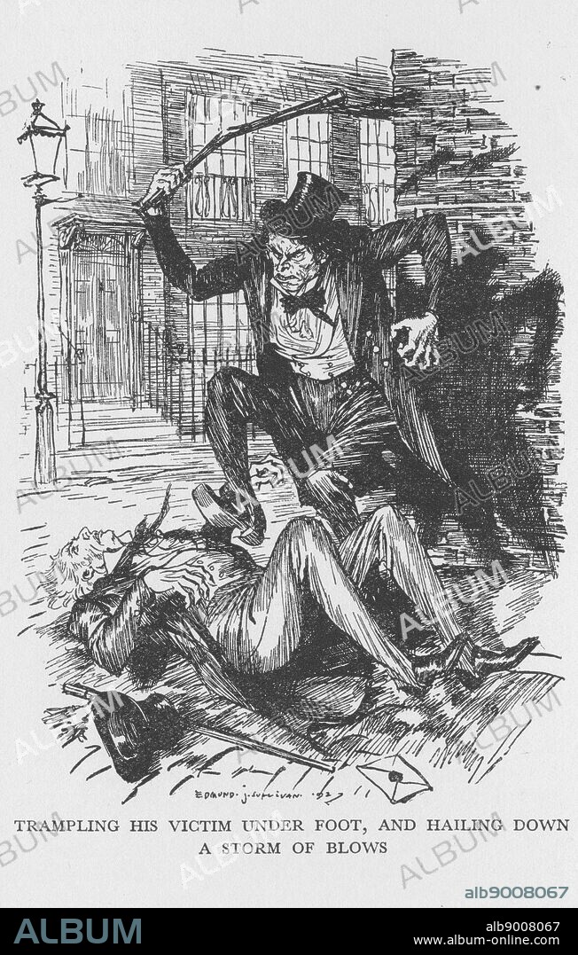 Robert Louis Stevenson 'The Strange Case of Dr Jekyll and Mr Hyde' first published 1886. Mr Hyde clubbing Sir Danvers Carew to death 'with ape-like fury' observed by a maidservant at full moon. Illustration by Edmund J Sullivan from an edition published 1928.