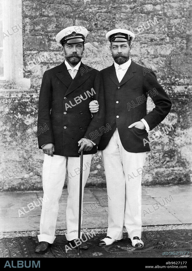 Tsar Nicholas II of Russia and King George V of Great Britain. Nicholas II (1868-1918) (left) became Emperor of Russia in 1894, while his cousin George V (1865-1936) ascended the British throne in 1910. Both men were grandsons of Queen Victoria (1819-1901).