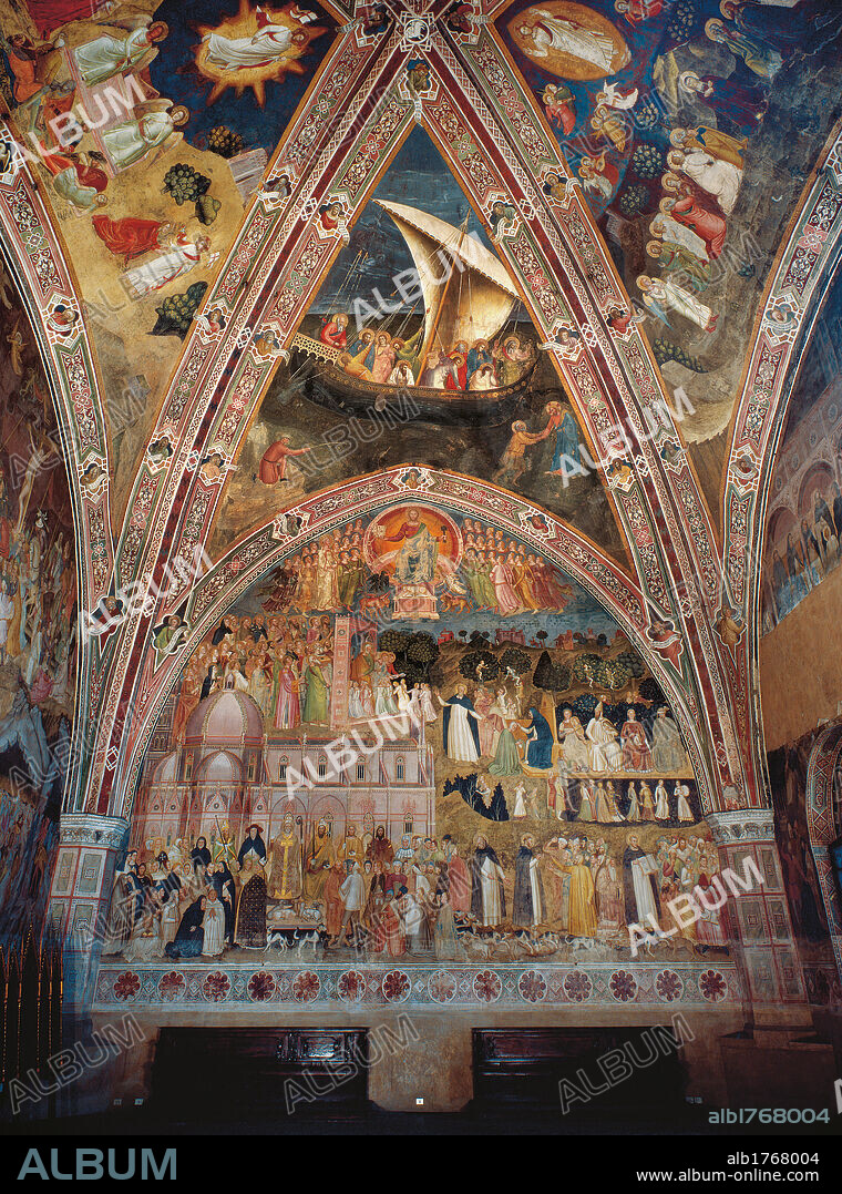Spanish Chapel Triumph of the Church and Navicella, by Andrea Bonaiuti Known as Andrea di Bonaiuto, 1365 about, 14th Century, fresco,. Italy, Tuscany, Florence, Santa Maria Novella Basilica. Detail. Church construction dome arches scenes Christ walks on the water and Peter goes to meet him Navicella the Domenicans mission sail boat ship pope bishops cardinals priests friar Domenican order hierarchy prayer sheep dogs.
