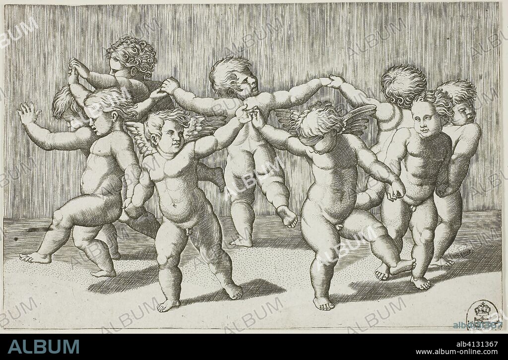 Dance of Cupids. Marcantonio Raimondi; Italian, c. 1480-1534. Date: 1517-1520. Dimensions: 110 × 166 mm (image/sheet). Engraving printed in black on paper. Origin: Italy.