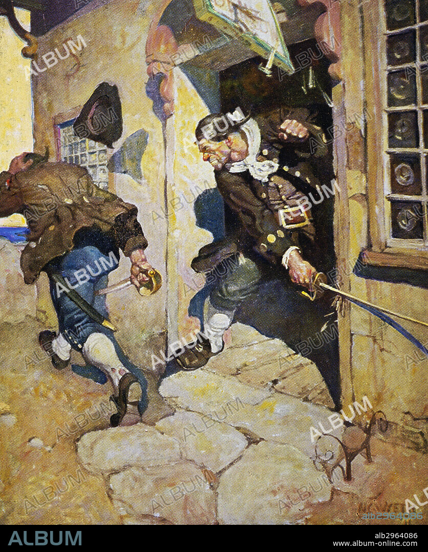 TREASURE ISLAND, 1911.Captain Bones routs Black Dog. Illustration, 1911, by N.C. Wyeth for Robert Louis Stevenson's "Treasure Island.".