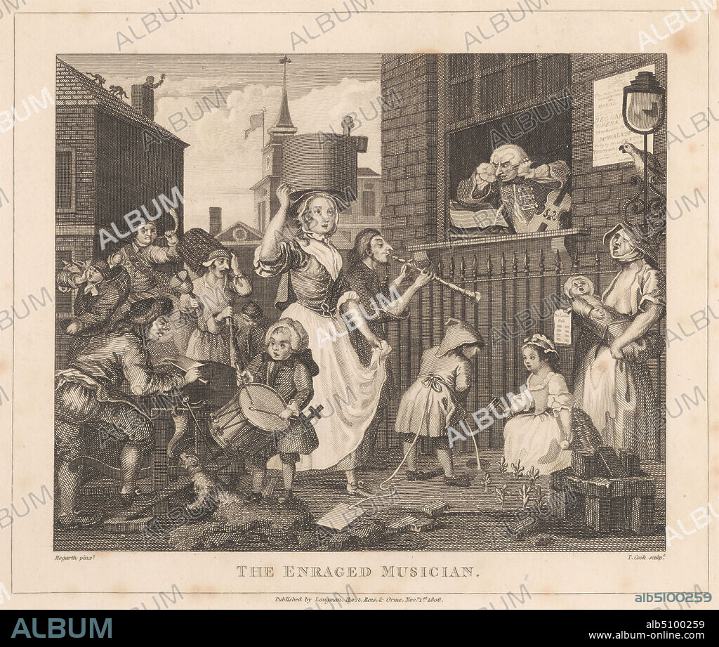 The Enraged Musician, Print made by Thomas Cook, 17441818, British, William Hogarth, 16971764, British, Published by Longman, active 18041914, British, 1806, Etching and line engraving on medium, slightly textured, cream wove paper.