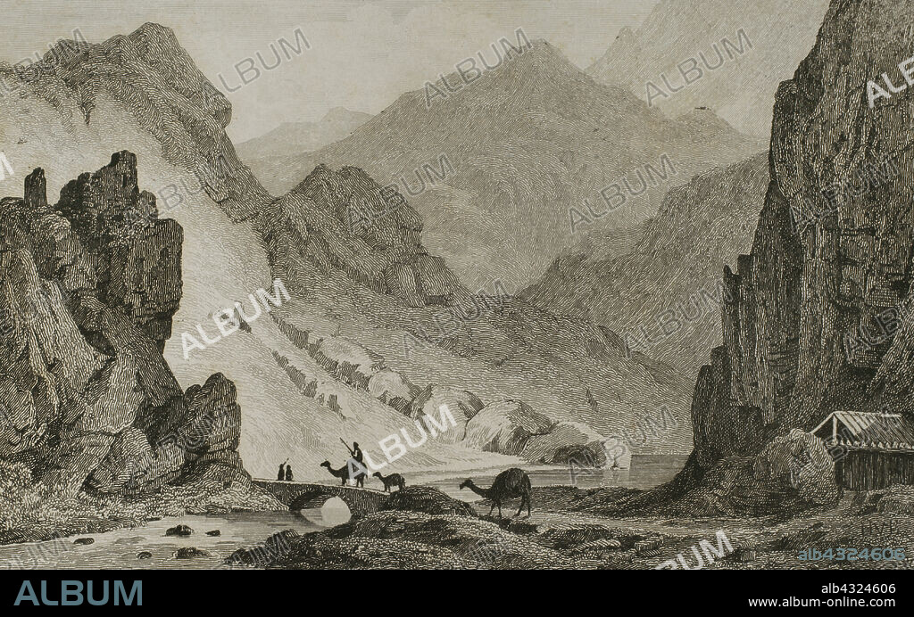 Ancient Armenia. Gate of Darial. Border between Georgia and Armenia. The Darial Gorge is one of only two passes through the Caucasus Mountains. At present this river gorge is the border between the territories of Russia and Georgia. Engraving by Vanderburch. Engraved by Cholet. Lemaitre direxit. "Panorama Universal. Historia de Armenia", 1838.